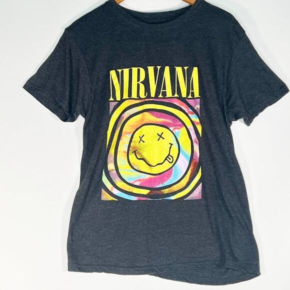 Nirvana Smiley Face Dark Heather Grey T-shirt Graphic Tee Shirt Women - Picture 1 of 10